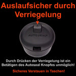 Der Autoseal Deckel ist absolut auslaufsicher. Zum Trinken Autoseal Knopf drücken, zum Verschließen einfach los lassen. Durch einen extra Verriegelungsknopf an der Oberseite lässt sich zum Transportieren der Öffnungsmechanismus zusätzlich verriegeln. Sicheres Verstauen in Taschen, kein Verschütten mehr.  