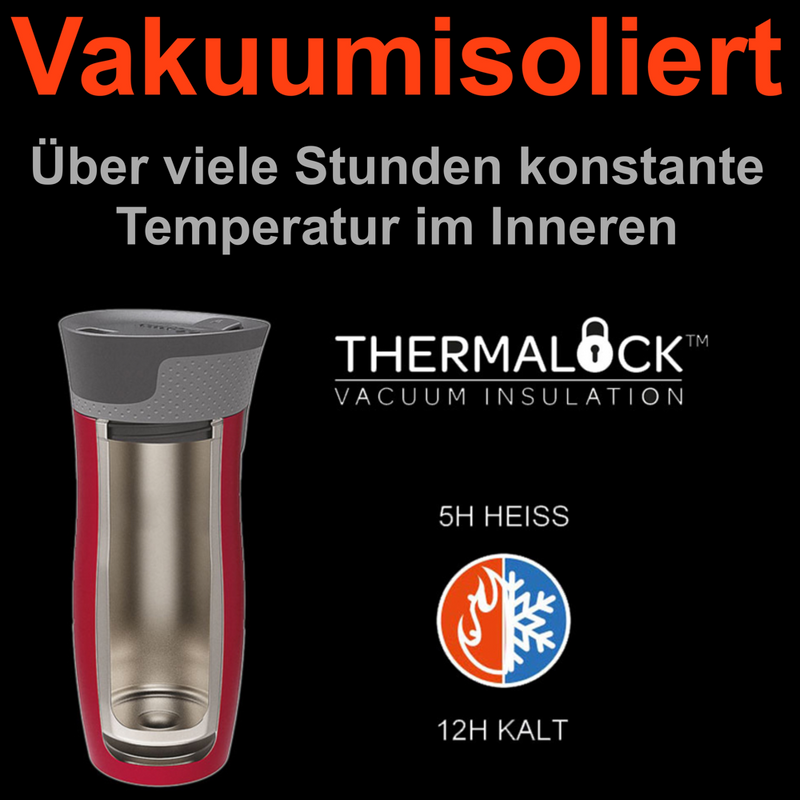 Contico West Loop Thermobecher, doppelwandig und Vakuumisoliert. Hält bis zu 5 Stunden Heiss und bis zu 12 Stunden Kalt. Über viele Stunden konstante Temperatur im Inneren.