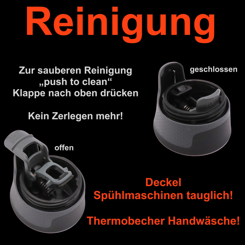 Contico Autoseal Technologie, lässt sich zum Reinigen vollständig öffnen (ohne zu zerlegen). Einfach push to clean Button auf der Unterseite nach oben drücken. Trinkdeckel ist Spühlmaschinen tauglich, Trinkbecher bitte von Hand spülen.