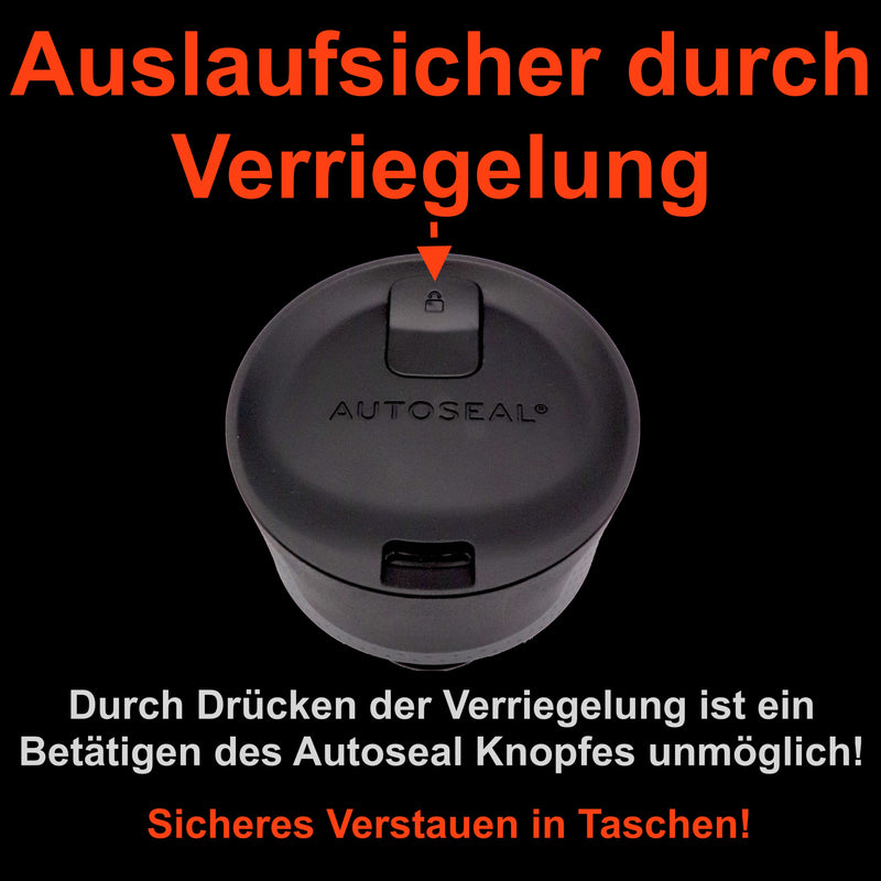 Der Autoseal Deckel ist absolut auslaufsicher. Zum Trinken Autoseal Knopf drücken, zum Verschließen einfach los lassen. Durch einen extra Verriegelungsknopf an der Oberseite lässt sich zum Transportieren der Öffnungsmechanismus zusätzlich verriegeln. Sicheres Verstauen in Taschen, kein Verschütten mehr.  